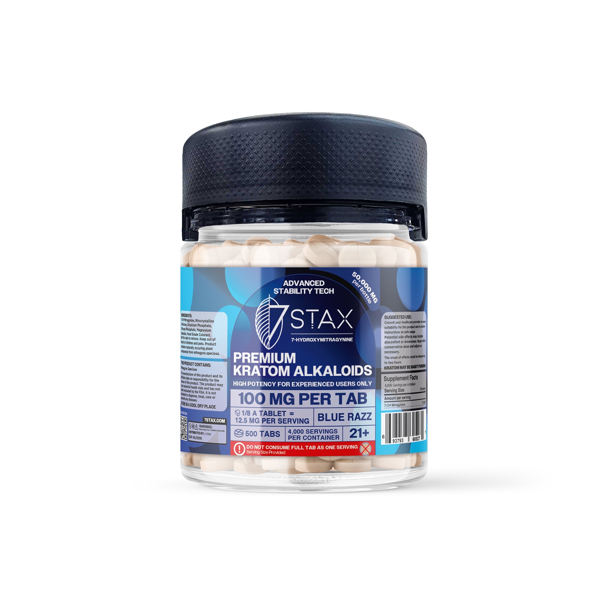 7Stax Premium 7-OH Kratom Alkaloid Tablets (50000mg - 500 Count) - Blue Razz