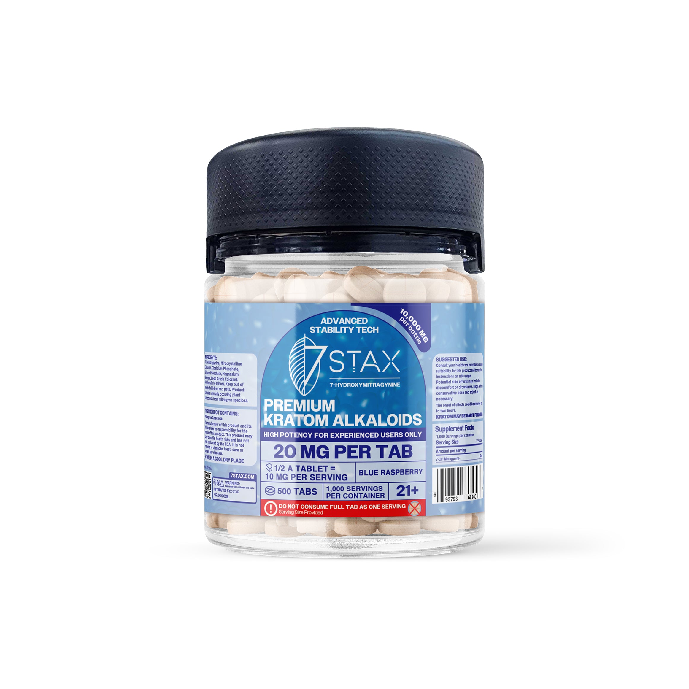 7Stax Premium 7-OH Kratom Alkaloid Tablets (10000mg - 500 Count) - Blue Raspberry