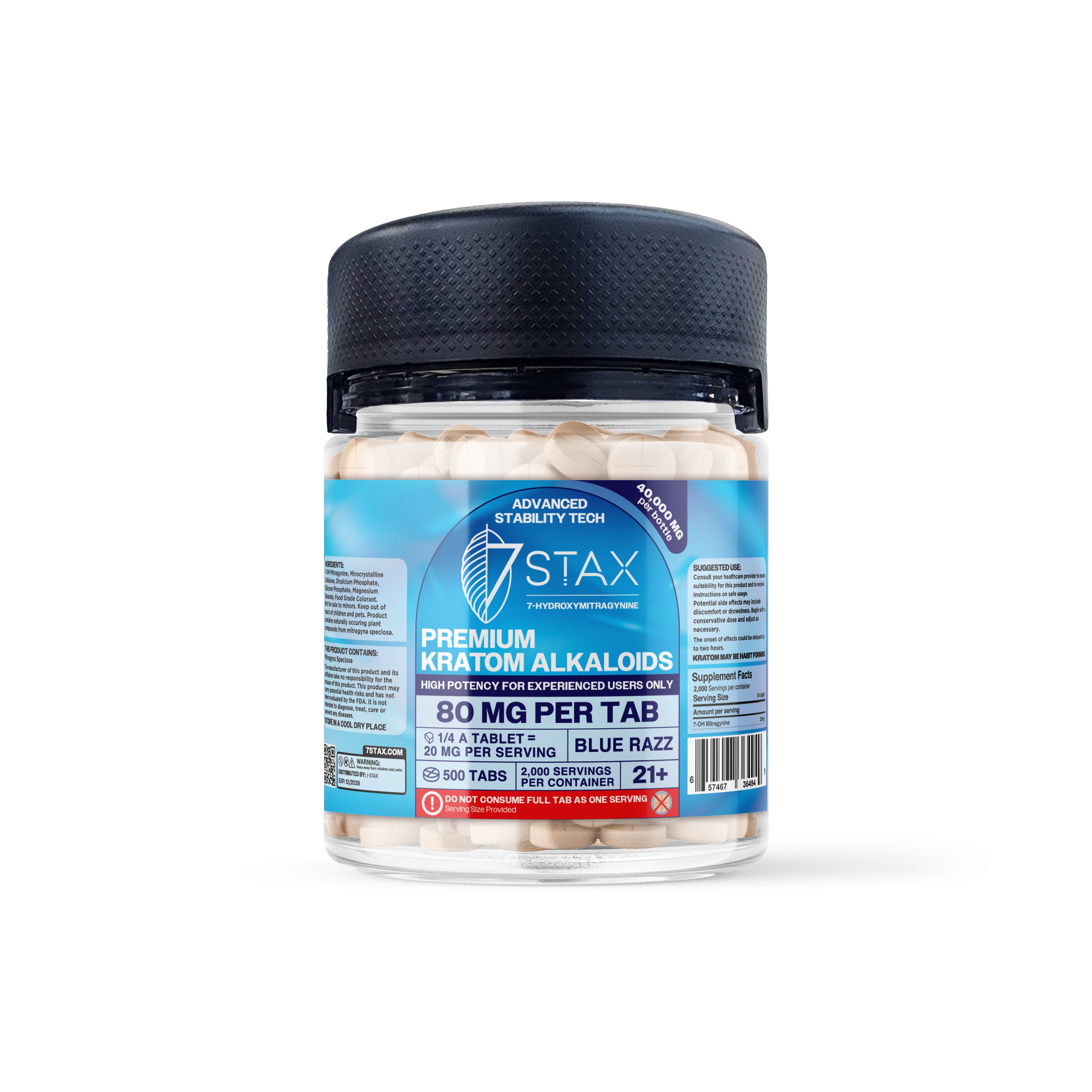 7Stax Premium 7-OH Kratom Alkaloid Tablets (40000mg - 500 Count) - Blue Razz