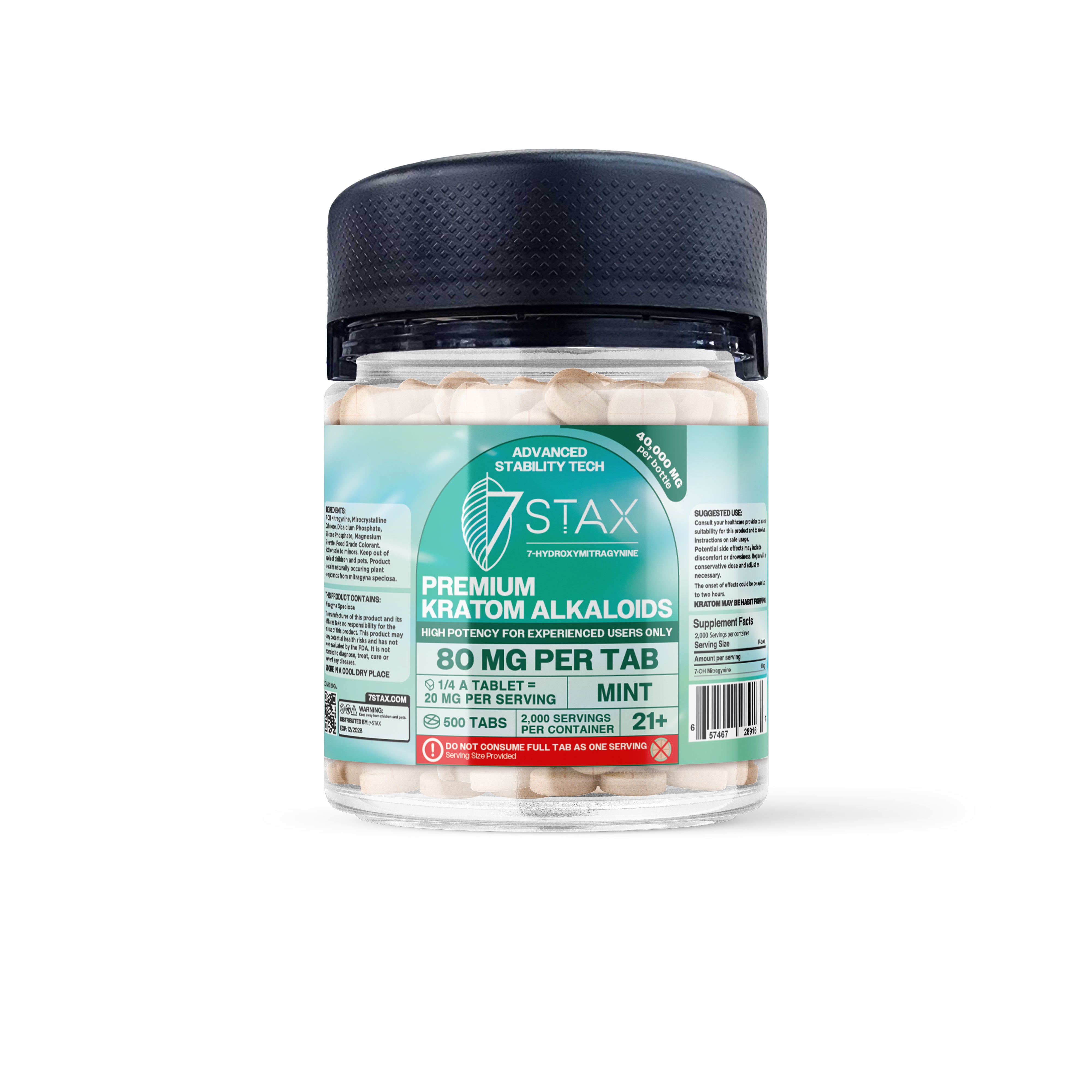7Stax Premium 7-OH Kratom Alkaloid Tablets (40000mg - 500 Count) - Mint