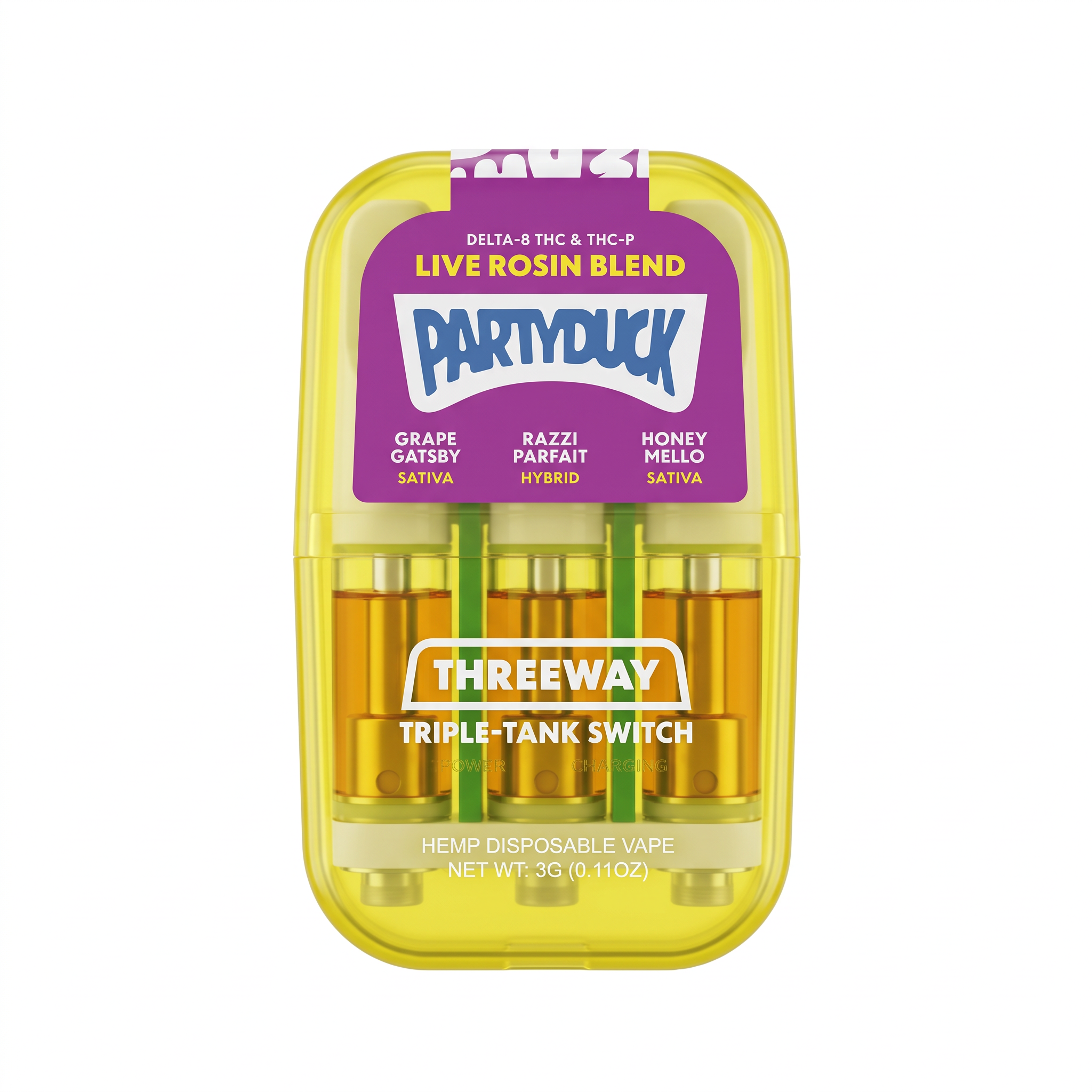 PartyDuck Delta-8 + THC-P Live Rosin Blend Threeway Disposable (3000mg) - Grape Gatsby, Razzi Parfait, Honey Mello