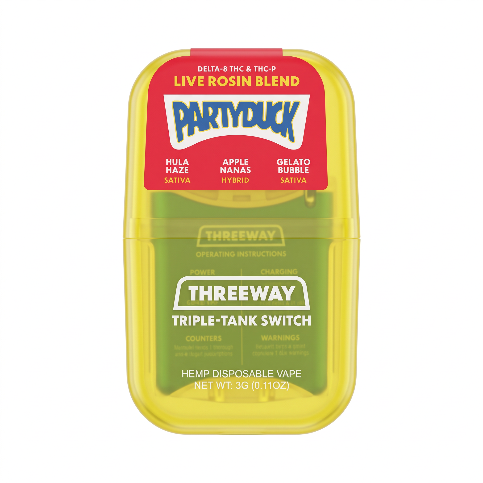 PartyDuck Delta-8 + THC-P Live Rosin Blend Threeway Disposable (3000mg) - Hula Haze, Apple Nanas, Gelato Bubble