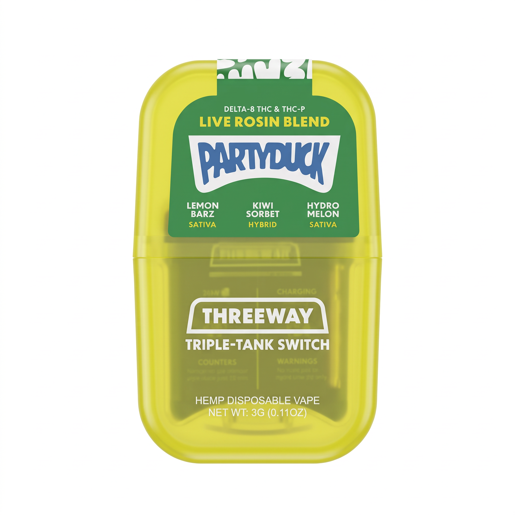 PartyDuck Delta-8 + THC-P Live Rosin Blend Threeway Disposable (3000mg) - Lemon Barz, Kiwi Sorbet, Hydro Melon