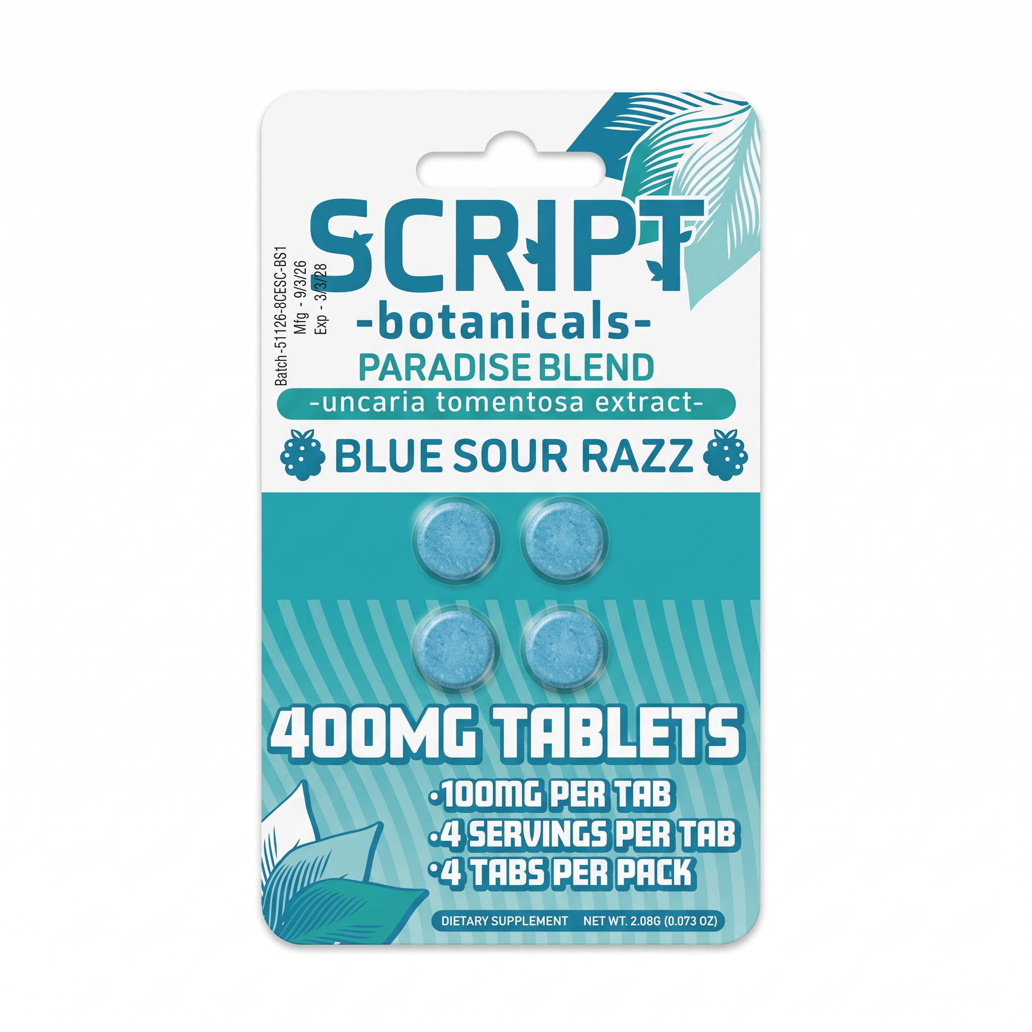 Script Botanicals Paradise Blend (Uncaria Tomentosa) Tablets (400mg - 4 Count) - Blue Sour Razz