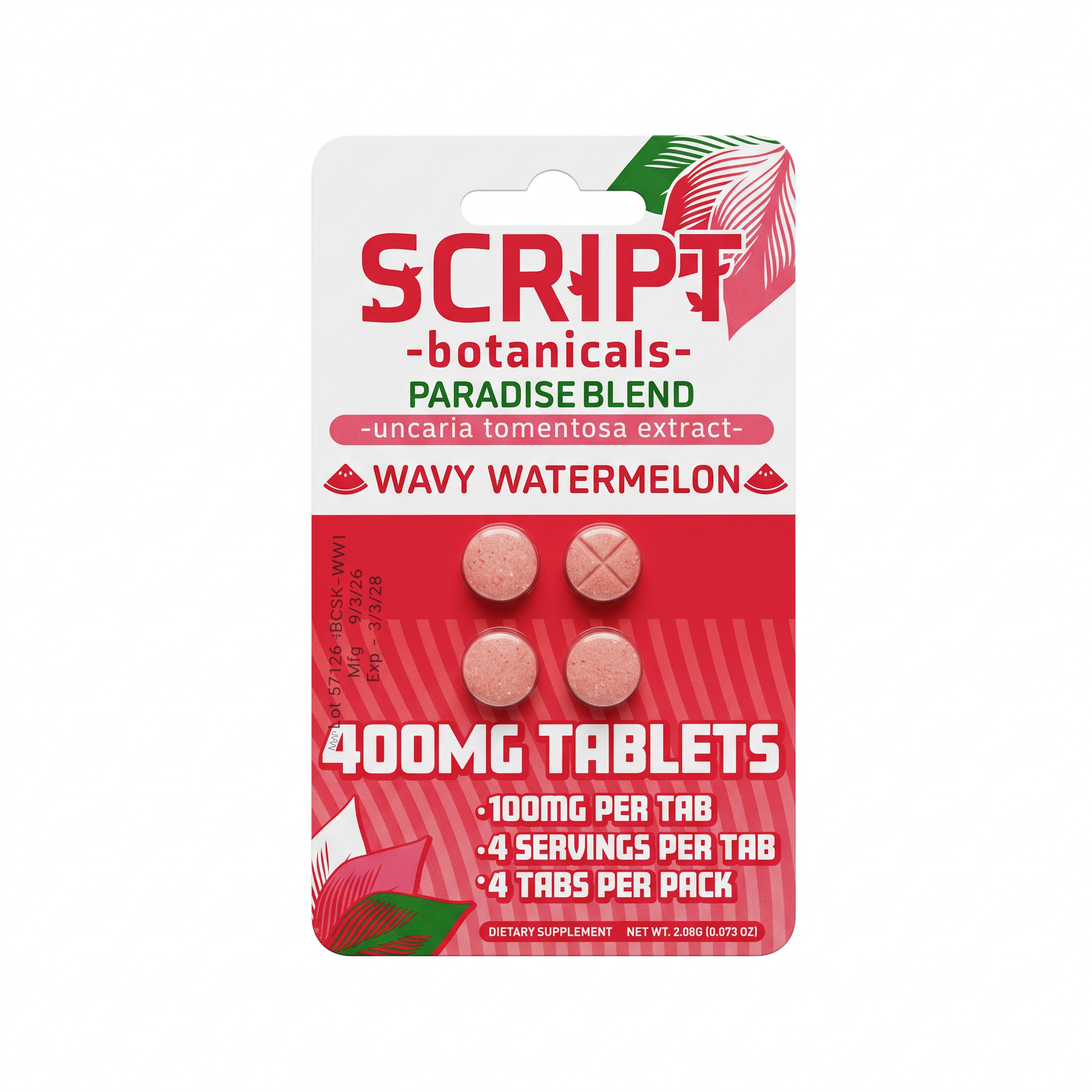 Script Botanicals Paradise Blend (Uncaria Tomentosa) Tablets (400mg - 4 Count) - Wavy Watermelon